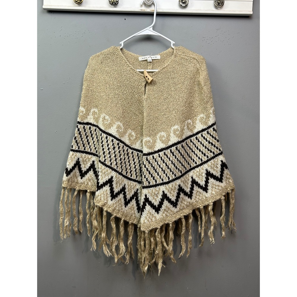 Max Studio Knit Poncho Womens OSFA Fringe Geometric Button Closure Beige